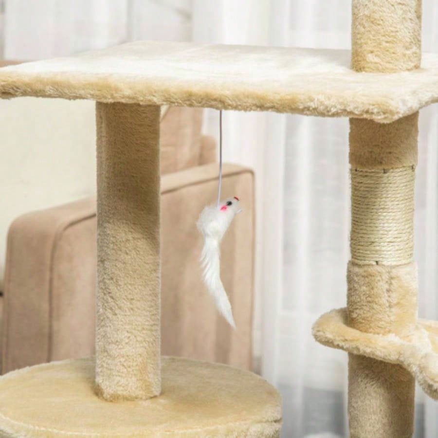 PawHut 53 Plush Sturdy Interactive Condo Tower Scratching Post Activity Tree House - Beige