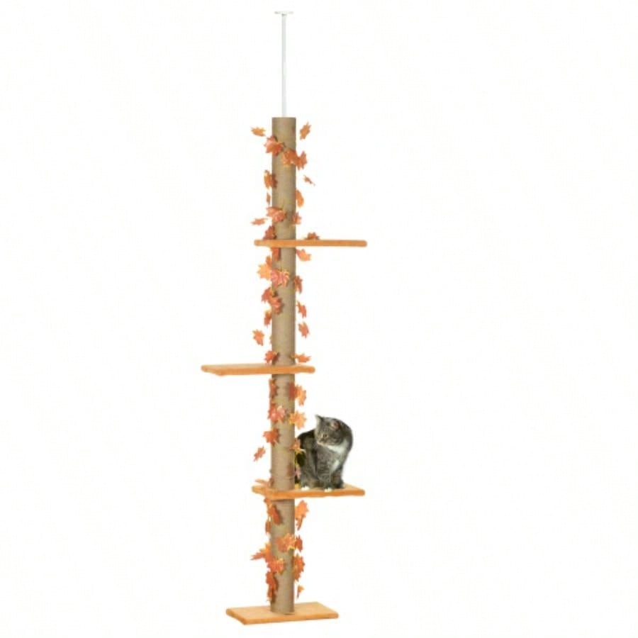 Pawhut Floor to Ceiling Tree, 80 - 95 Adjustable Tall Tower, 3 - Level Climbing Towe Indoor Cats with Sisal Scratching Post, Platforms, Leaves, Orange
