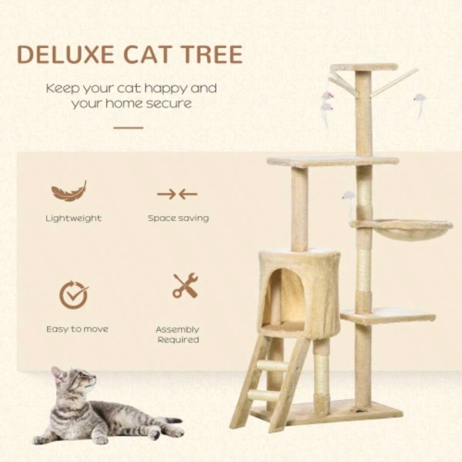 PawHut 53 Plush Sturdy Interactive Condo Tower Scratching Post Activity Tree House - Beige