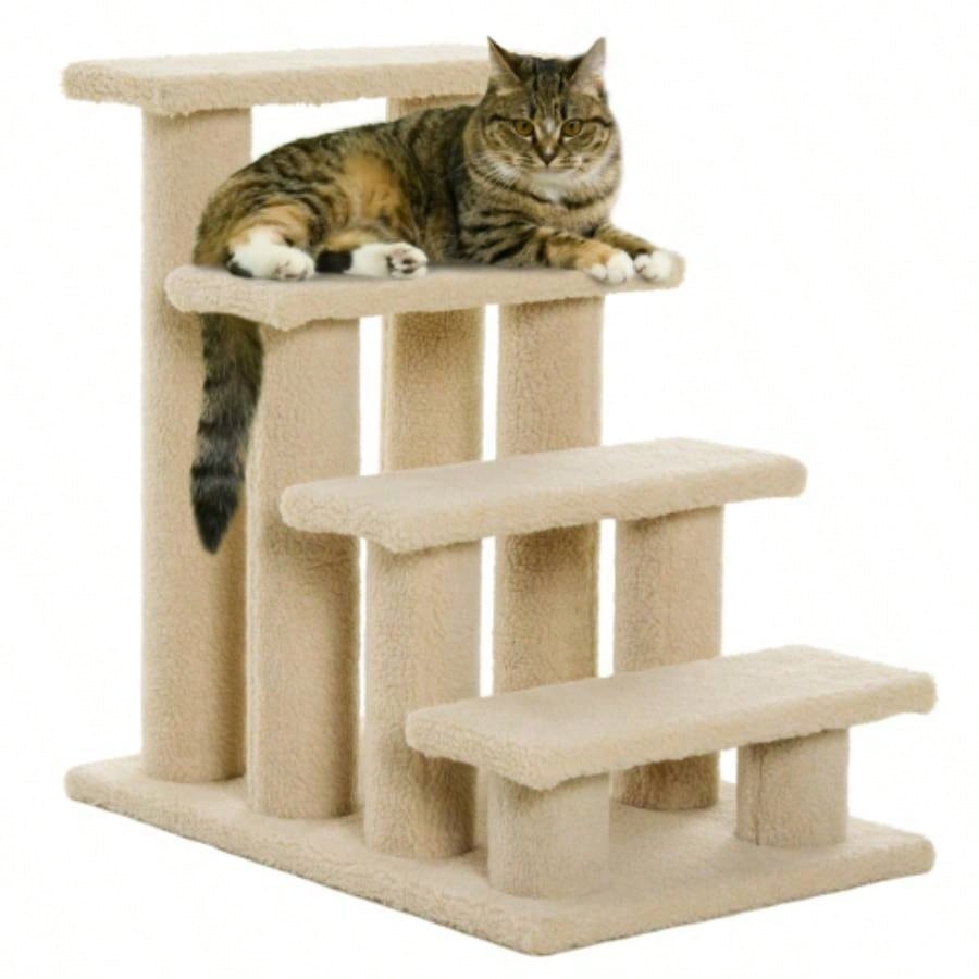 PawHut 25 4 - Step Multi - Level Carpeted Scratching Post Pet Stairs, Beige