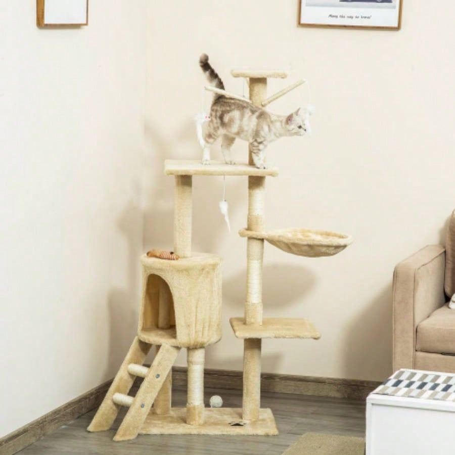 PawHut 53 Plush Sturdy Interactive Condo Tower Scratching Post Activity Tree House - Beige