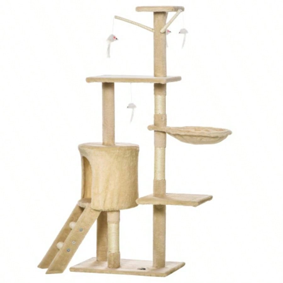 PawHut 53 Plush Sturdy Interactive Condo Tower Scratching Post Activity Tree House - Beige