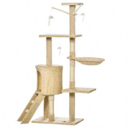 PawHut 53 Plush Sturdy Interactive Condo Tower Scratching Post Activity Tree House - Beige