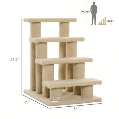 PawHut 25 4 - Step Multi - Level Carpeted Scratching Post Pet Stairs, Beige