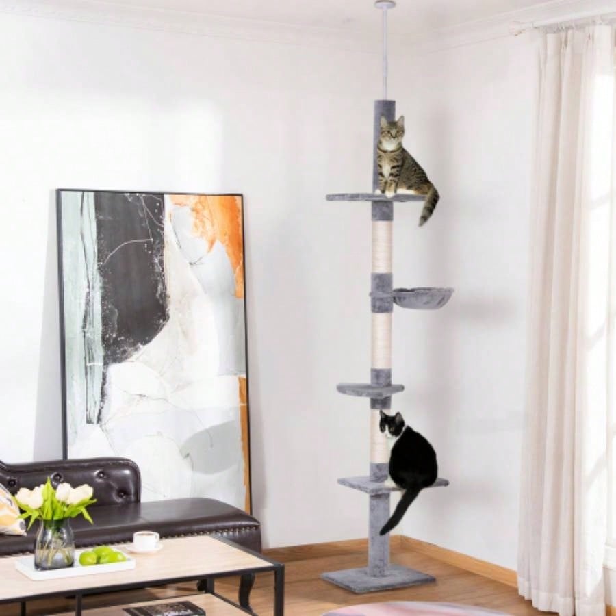 PawHut 9 Adjustable Height Floor - To - Ceiling Vertical Tree - and White