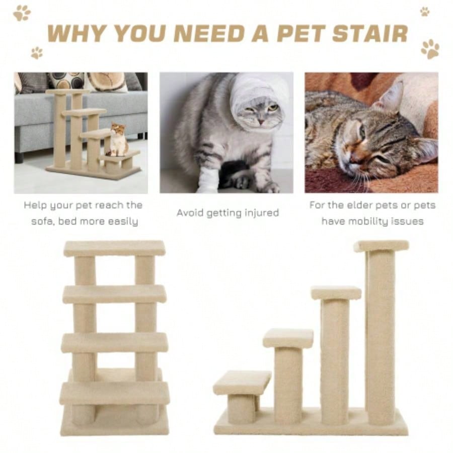 PawHut 25 4 - Step Multi - Level Carpeted Scratching Post Pet Stairs, Beige