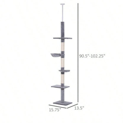 PawHut 9 Adjustable Height Floor - To - Ceiling Vertical Tree - and White