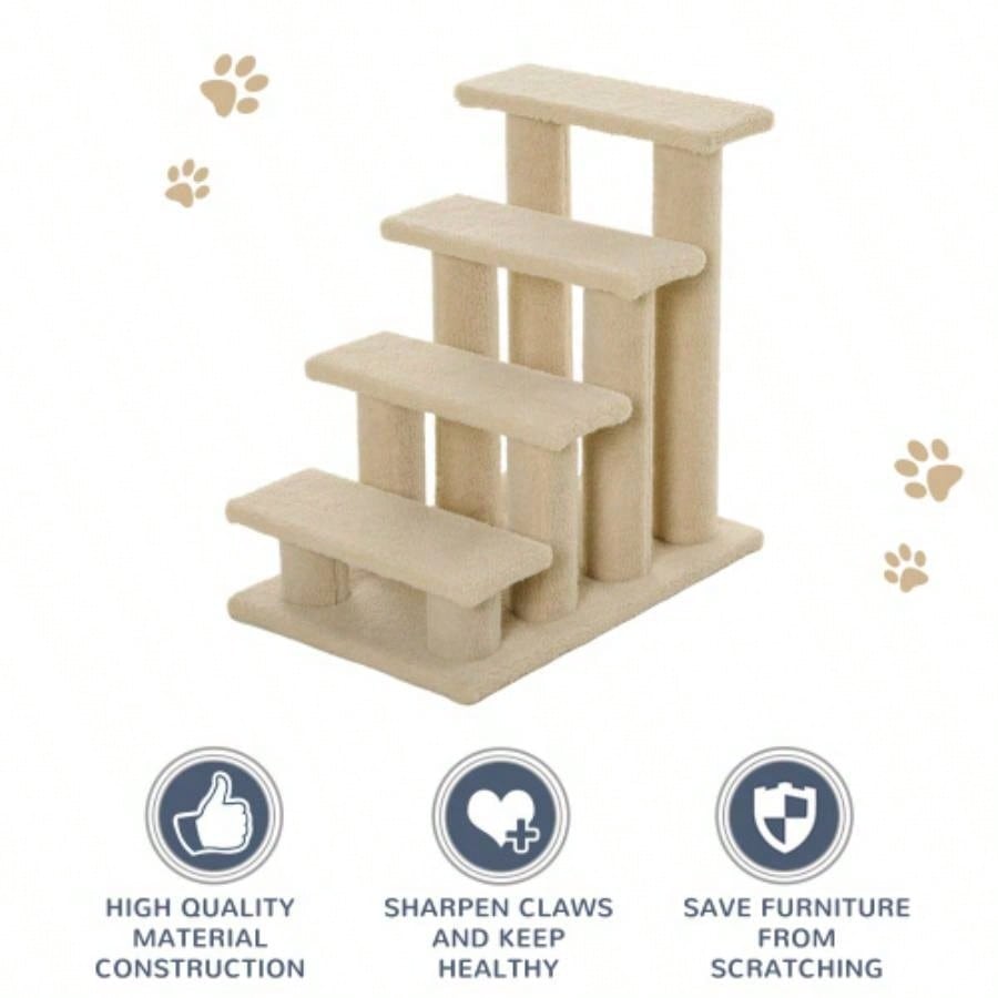PawHut 25 4 - Step Multi - Level Carpeted Scratching Post Pet Stairs, Beige