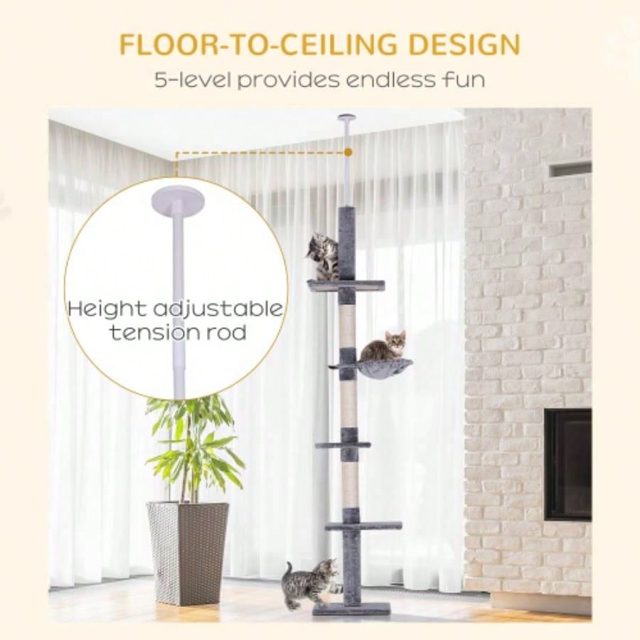 PawHut 9 Adjustable Height Floor - To - Ceiling Vertical Tree - and White