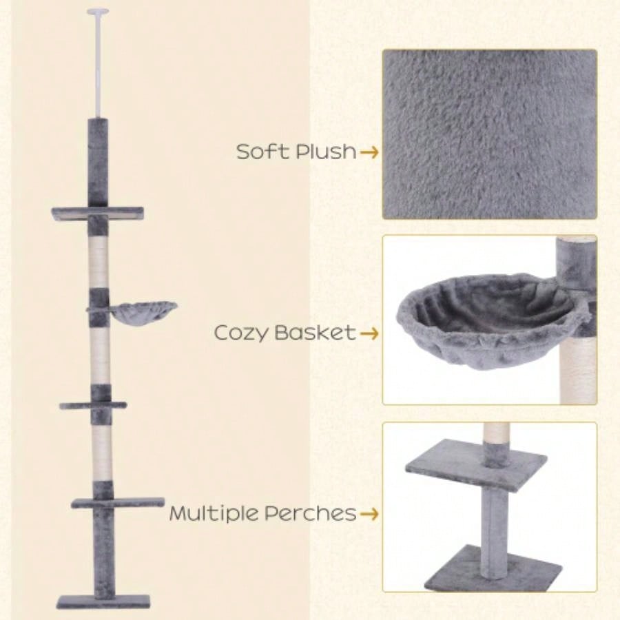 PawHut 9 Adjustable Height Floor - To - Ceiling Vertical Tree - and White