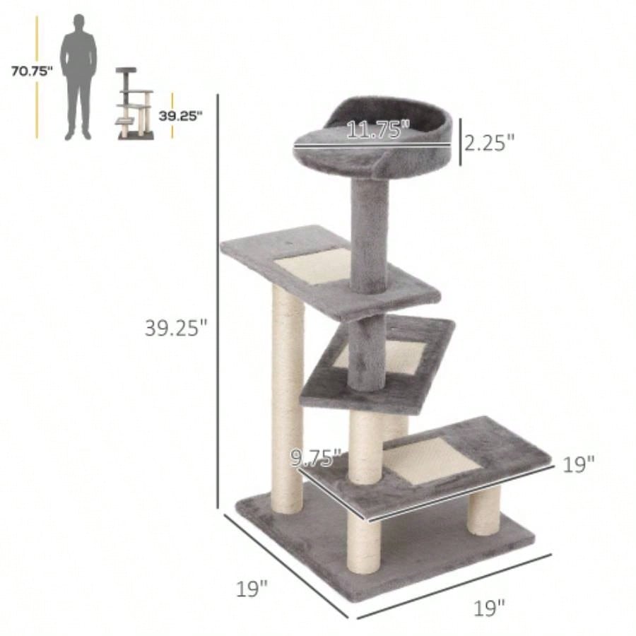 PawHut 40 5 - Level Revolving Stair Tree Scratcher Climbing Activity Tower with Center and Resting Perch,