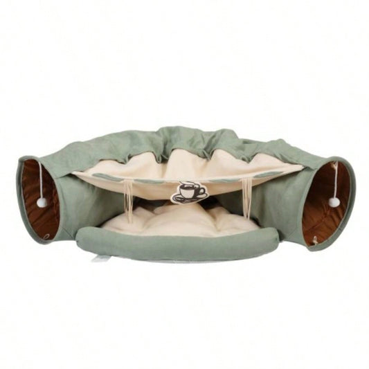 s Telescopic Tunnel Cushioned Bed Pet Nest Teasing Balls Zipper Connection Feline Supplies, Bright Green
