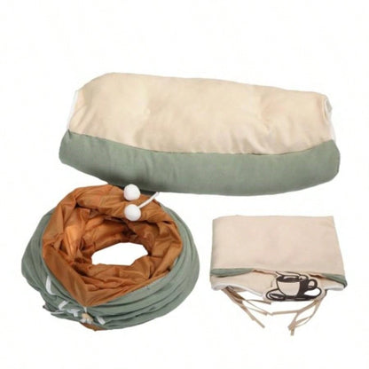 s Telescopic Tunnel Cushioned Bed Pet Nest Teasing Balls Zipper Connection Feline Supplies, Bright Green