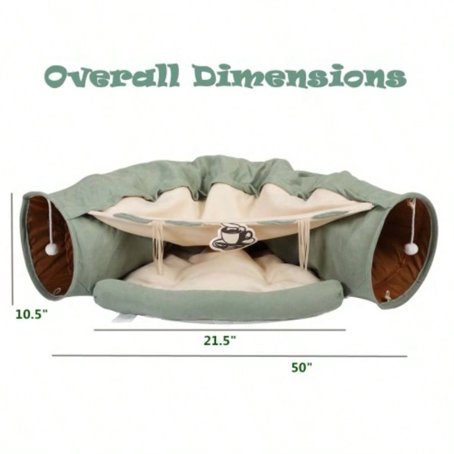 s Telescopic Tunnel Cushioned Bed Pet Nest Teasing Balls Zipper Connection Feline Supplies, Bright Green