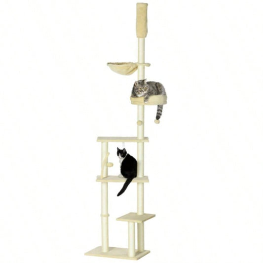 PawHut Floor to Ceiling Tree, 90.5 - 98.5 Adjustable Height, Climbing Tower with Carpeted Platforms, Cozy Bed, Hammock, Scratching Posts, Toy Balls, Activity Center Kittens, Beige