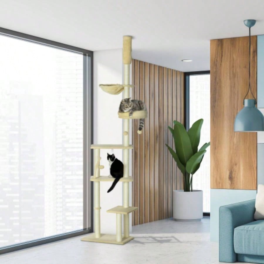 PawHut Floor to Ceiling Tree, 90.5 - 98.5 Adjustable Height, Climbing Tower with Carpeted Platforms, Cozy Bed, Hammock, Scratching Posts, Toy Balls, Activity Center Kittens, Beige