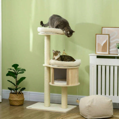 PawHut 3 - Level Tree with Sisal Scratching Posts, Fun Badminton Toy Playing, Soft Cushions, Areas