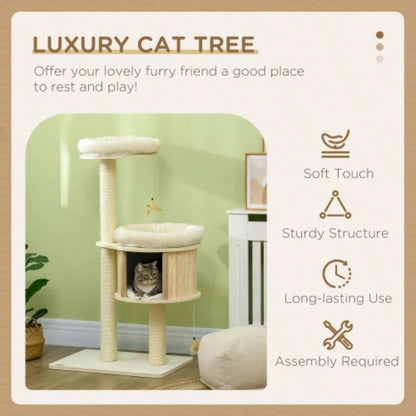 PawHut 3 - Level Tree with Sisal Scratching Posts, Fun Badminton Toy Playing, Soft Cushions, Areas