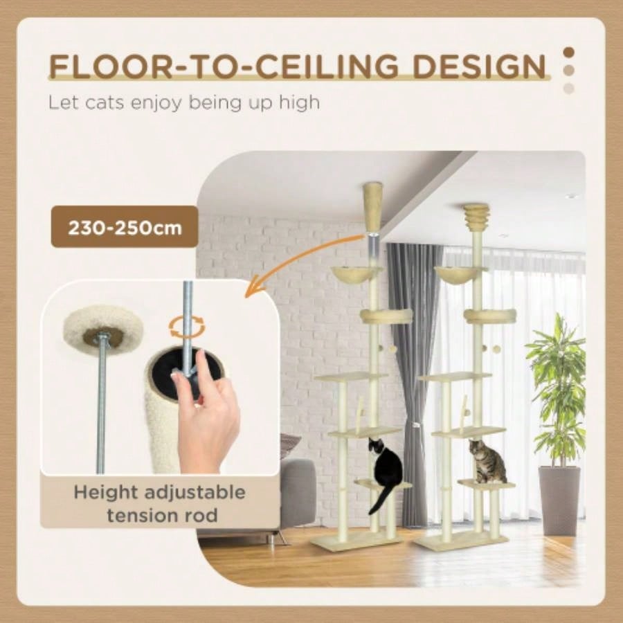 PawHut Floor to Ceiling Tree, 90.5 - 98.5 Adjustable Height, Climbing Tower with Carpeted Platforms, Cozy Bed, Hammock, Scratching Posts, Toy Balls, Activity Center Kittens, Beige