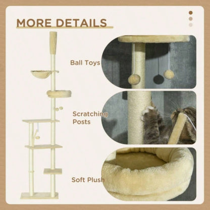PawHut Floor to Ceiling Tree, 90.5 - 98.5 Adjustable Height, Climbing Tower with Carpeted Platforms, Cozy Bed, Hammock, Scratching Posts, Toy Balls, Activity Center Kittens, Beige
