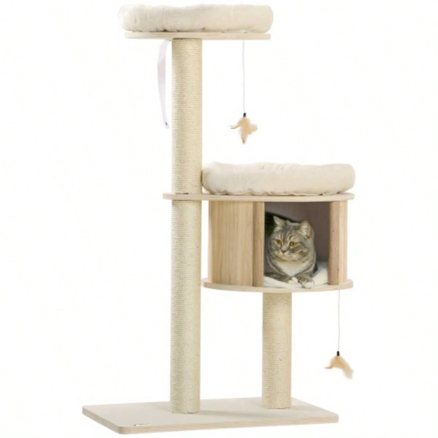 PawHut 3 - Level Tree with Sisal Scratching Posts, Fun Badminton Toy Playing, Soft Cushions, Areas