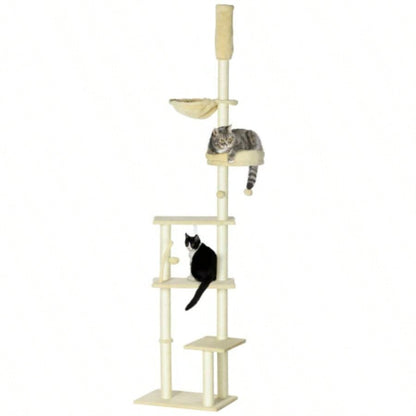PawHut Floor to Ceiling Tree, 90.5 - 98.5 Adjustable Height, Climbing Tower with Carpeted Platforms, Cozy Bed, Hammock, Scratching Posts, Toy Balls, Activity Center Kittens, Beige