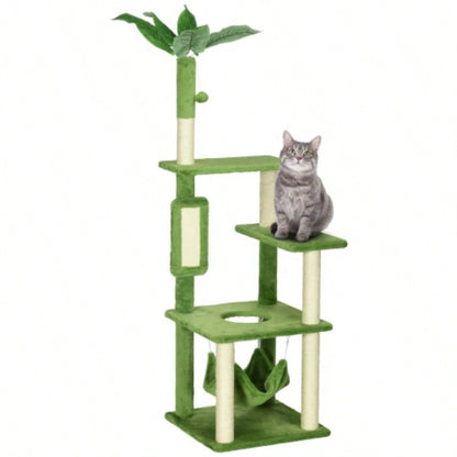 PawHut 56 Tree Indoor Cats with Hammock, Tower with Scratching Post, Platforms, Ball and Anti - tipping Device, Indoor Cats, Green