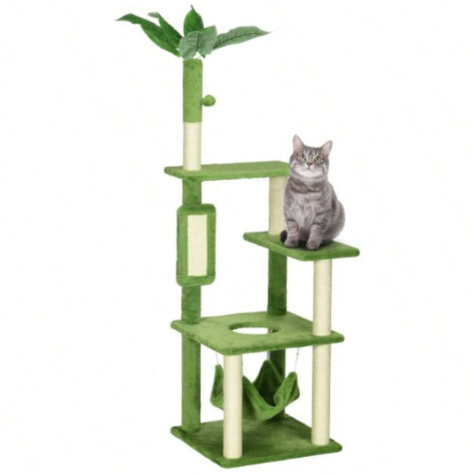 PawHut 56 Tree Indoor Cats with Hammock, Tower with Scratching Post, Platforms, Ball and Anti - tipping Device, Indoor Cats, Green