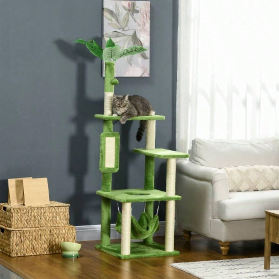 PawHut 56 Tree Indoor Cats with Hammock, Tower with Scratching Post, Platforms, Ball and Anti - tipping Device, Indoor Cats, Green
