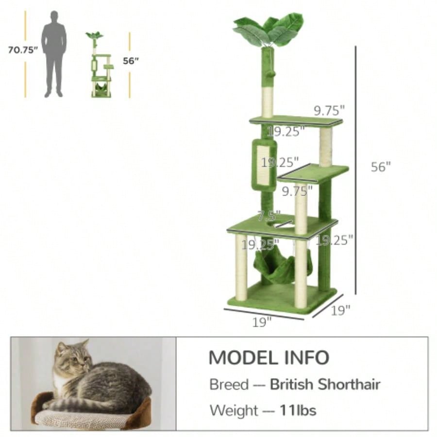 PawHut 56 Tree Indoor Cats with Hammock, Tower with Scratching Post, Platforms, Ball and Anti - tipping Device, Indoor Cats, Green