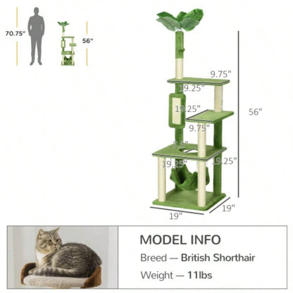 PawHut 56 Tree Indoor Cats with Hammock, Tower with Scratching Post, Platforms, Ball and Anti - tipping Device, Indoor Cats, Green