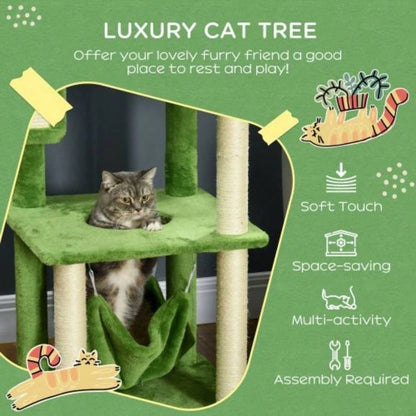 PawHut 56 Tree Indoor Cats with Hammock, Tower with Scratching Post, Platforms, Ball and Anti - tipping Device, Indoor Cats, Green