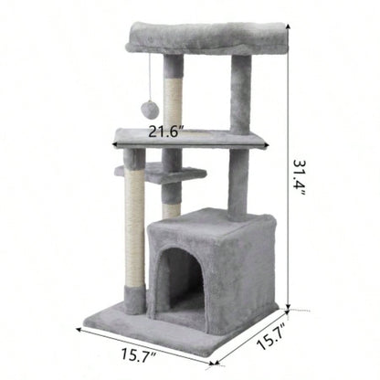 Double Level Tree Stand House Furniture Kittens Activity Tower Posts Pet House - light gray