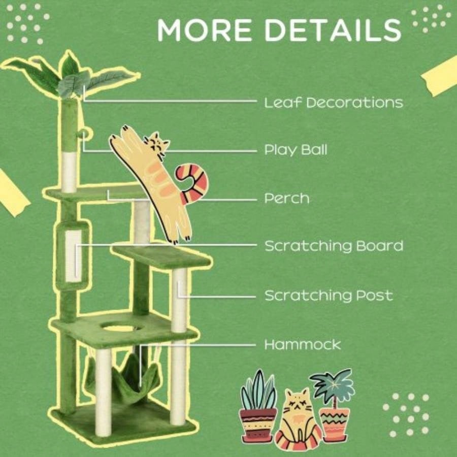 PawHut 56 Tree Indoor Cats with Hammock, Tower with Scratching Post, Platforms, Ball and Anti - tipping Device, Indoor Cats, Green