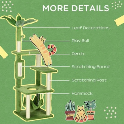 PawHut 56 Tree Indoor Cats with Hammock, Tower with Scratching Post, Platforms, Ball and Anti - tipping Device, Indoor Cats, Green