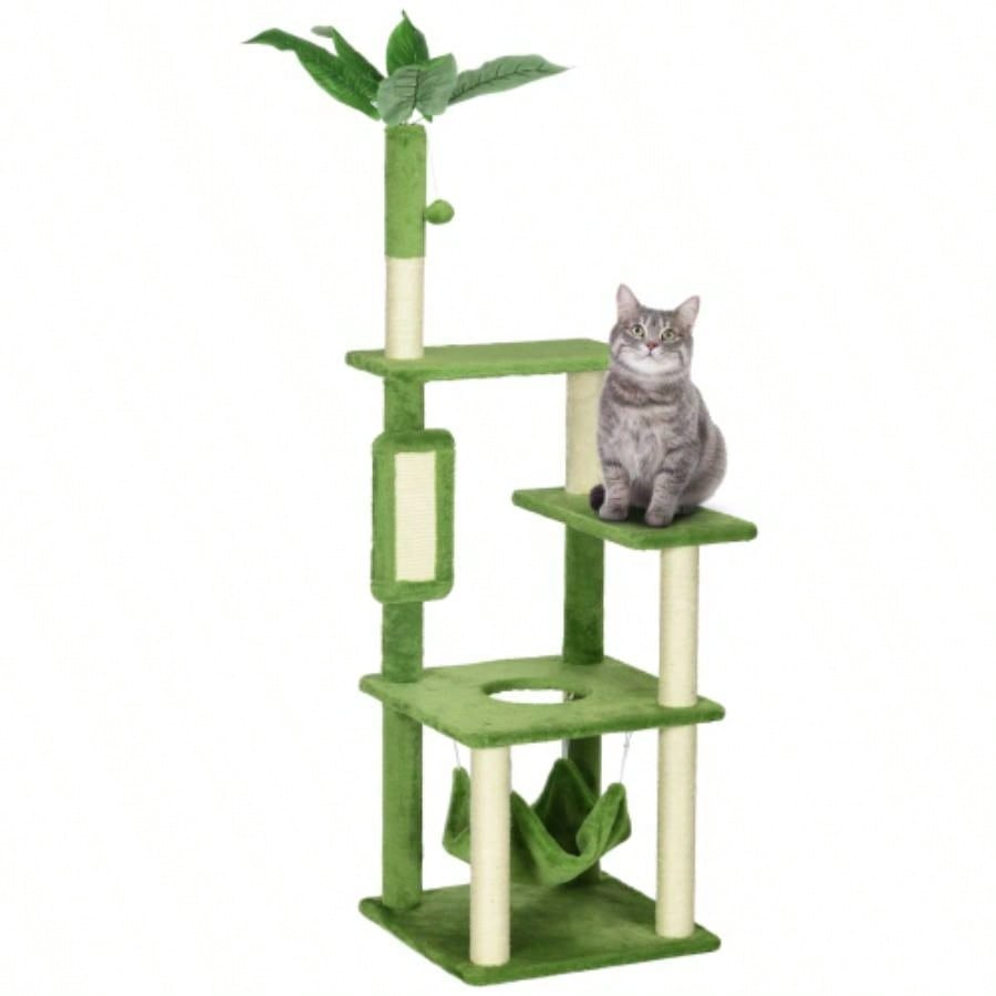 PawHut 56 Tree Indoor Cats with Hammock, Tower with Scratching Post, Platforms, Ball and Anti - tipping Device, Indoor Cats, Green