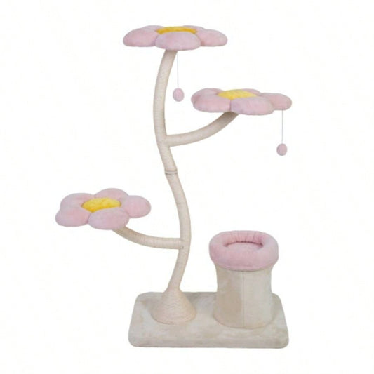 Flower - Shaped Tree, with Blooming Platforms Bed, Condo, and Dangling Toys, Multi - Level Tower Indoor Cats, Modern, Pink Beige