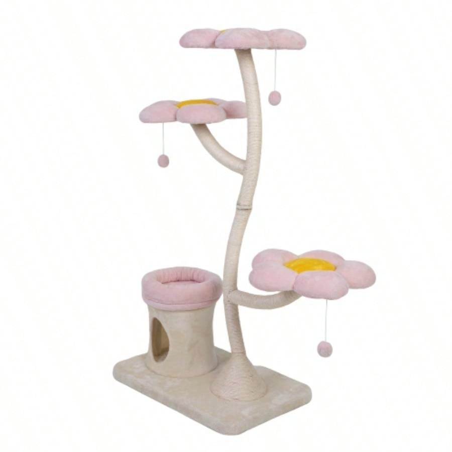 Flower - Shaped Tree, with Blooming Platforms Bed, Condo, and Dangling Toys, Multi - Level Tower Indoor Cats, Modern, Pink Beige