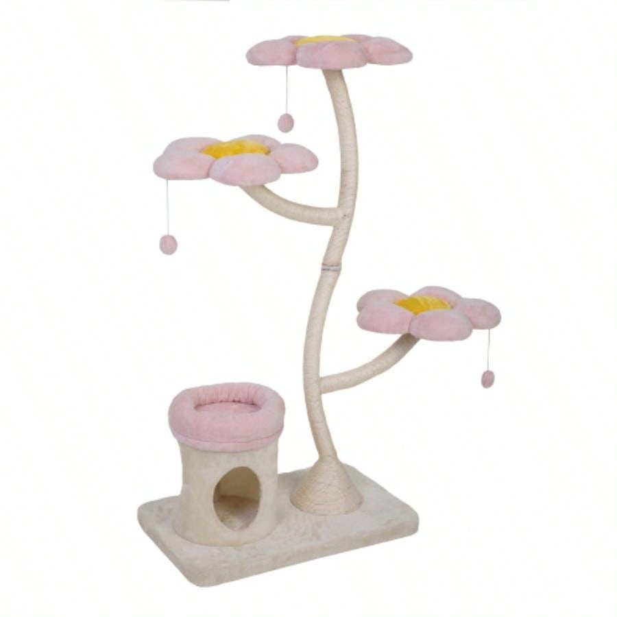 Flower - Shaped Tree, with Blooming Platforms Bed, Condo, and Dangling Toys, Multi - Level Tower Indoor Cats, Modern, Pink Beige