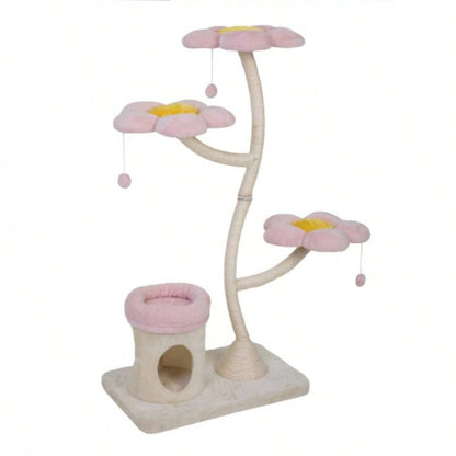 Flower - Shaped Tree, with Blooming Platforms Bed, Condo, and Dangling Toys, Multi - Level Tower Indoor Cats, Modern, Pink Beige