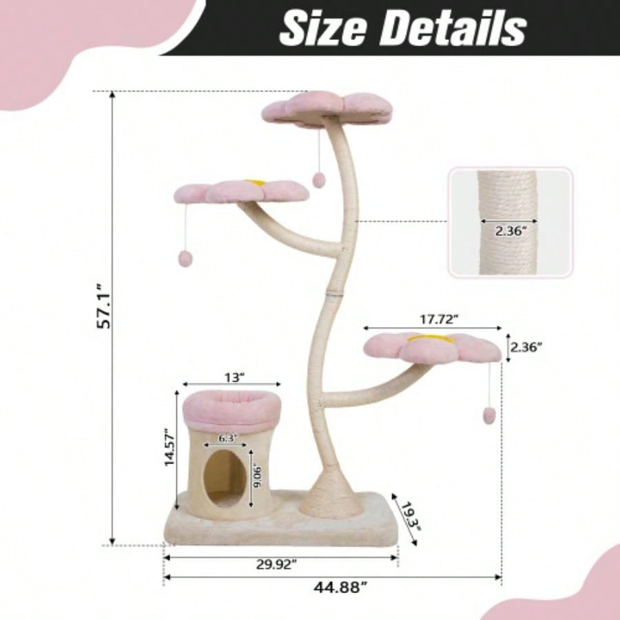 Flower - Shaped Tree, with Blooming Platforms Bed, Condo, and Dangling Toys, Multi - Level Tower Indoor Cats, Modern, Pink Beige
