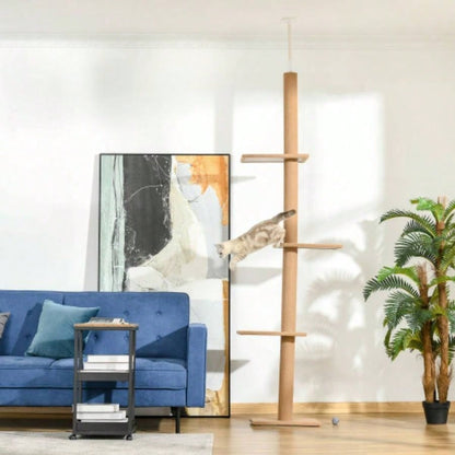 PawHut Floor - to - Ceiling Tree Climbing Tower with Sisal - Covered Scratching Posts Natural Tree Activity Center Kittens Tower Furniture, Brown