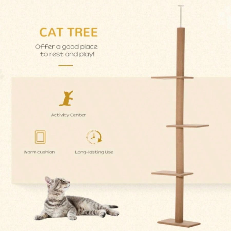 PawHut Floor - to - Ceiling Tree Climbing Tower with Sisal - Covered Scratching Posts Natural Tree Activity Center Kittens Tower Furniture, Brown