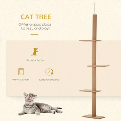PawHut Floor - to - Ceiling Tree Climbing Tower with Sisal - Covered Scratching Posts Natural Tree Activity Center Kittens Tower Furniture, Brown