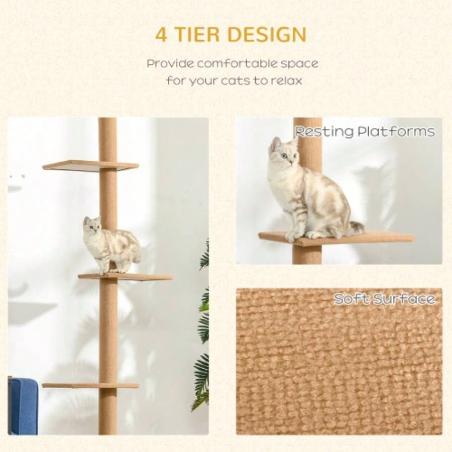 PawHut Floor - to - Ceiling Tree Climbing Tower with Sisal - Covered Scratching Posts Natural Tree Activity Center Kittens Tower Furniture, Brown