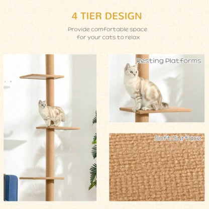 PawHut Floor - to - Ceiling Tree Climbing Tower with Sisal - Covered Scratching Posts Natural Tree Activity Center Kittens Tower Furniture, Brown