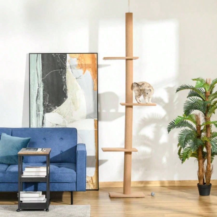 PawHut Floor - to - Ceiling Tree Climbing Tower with Sisal - Covered Scratching Posts Natural Tree Activity Center Kittens Tower Furniture, Brown