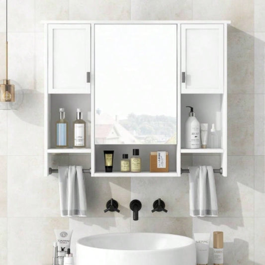 35x 28 Modern Wall Mounted Bathroom Storage Cabinet, Bathroom Wall Cabinet with Mirror, Medicine Cabinet with Towels Bar