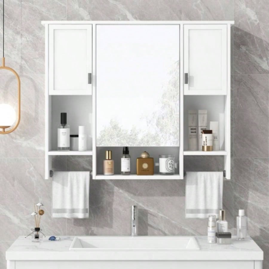 35x 28 Modern Wall Mounted Bathroom Storage Cabinet, Bathroom Wall Cabinet with Mirror, Medicine Cabinet with Towels Bar