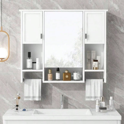 35x 28 Modern Wall Mounted Bathroom Storage Cabinet, Bathroom Wall Cabinet with Mirror, Medicine Cabinet with Towels Bar